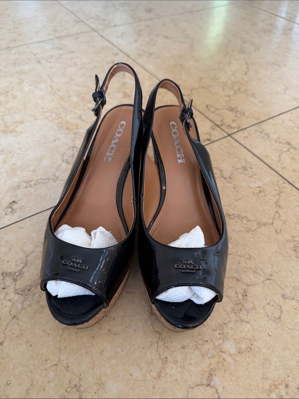 Coach Black Patent Leather Peep-Toe Slingback Wedges